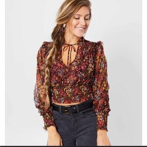 Free People Twyla Cropped Floral Sheer Split Neck Ruffle Top Shirt Black Sz S